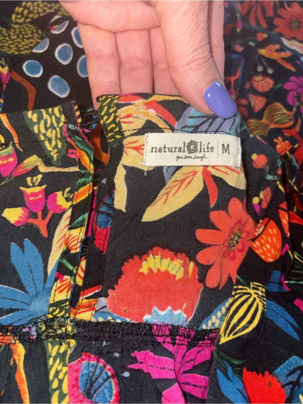 Natural Life Patti Mini Dress M Black Colorful Floral Babydoll Boho Rayon - Picture 5 of 6